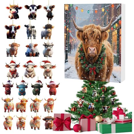 Calendrier De L'Avent Vache Highland Noël 24 Jours - Décorations Mignonnes 2D en Acrylique Vache Highland,Décorations Pour Arbre De Noël Porte Mur Miroir Voiture Fenêtre (1/5)