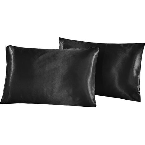 Housse d'oreiller satin soyeux de luxe noir avec fermeture éclair, taille Queen 51x76 cm (1/5)