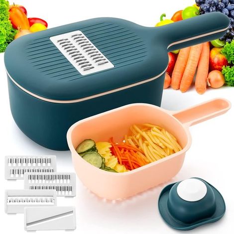 Multifunktionale Edelstahl-Mandoline mit Behälter und Tropfkorb, Gemüseschneider, manueller Obstschneider (Orange)