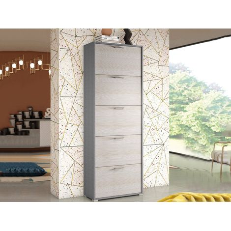Dmora - Scarpiera Anina, Mobile multiuso da ingresso con 5 ante a ribalta, Armadietto portascarpe a doppia profondità, 100% Made in Italy, 67x28h183 cm, Larice (1/5)