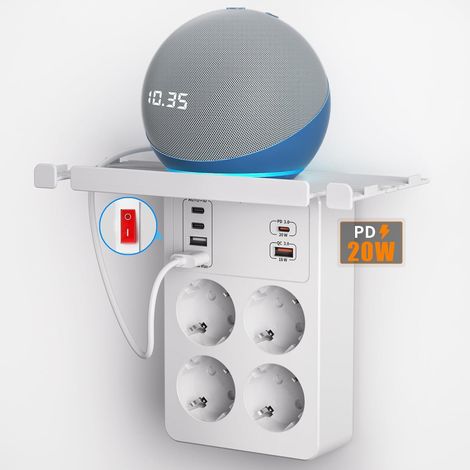 Prise Multiple avec Interrupteur,Multiprise Murale avec Charge Rapide PD20W Bloc Multiprise 4 Prises et 6 USB Chargeur,Adaptateur Fiche Rotative,avec Etagères Support de Téléphone,Salon Chambre,Blanc (1/5)