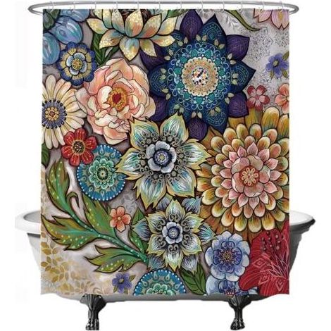 Rideau de Douche - Fleurs Multicolores - Art Naturel - 180 x 200 cm - Lavable - Anti Moisissure - Imperméable - Rouge Jaune Bleu Vert (1/5)