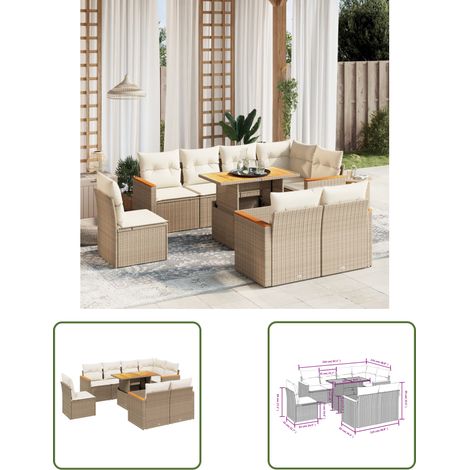 The Living Store 9-tlg. Garten-Sofagarnitur mit Kissen Beige Poly Rattan - Gartenmöbel - Sofasatz - Rattan Möbel - Outdoor Möbel - Lounge Set