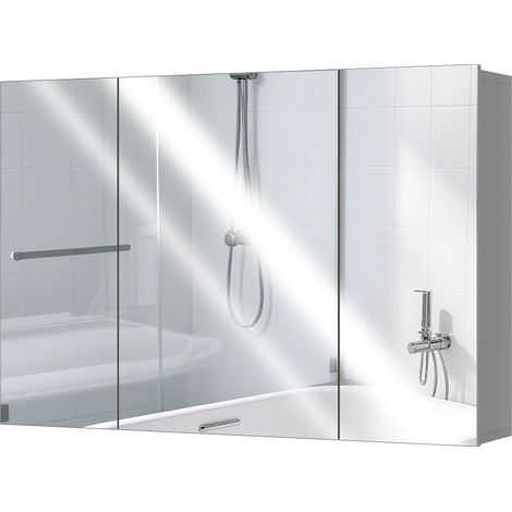 Badezimmer-Wandschrank mit 3 Türen, Spiegel und verstellbaren Einlegeböden, graues MDF, 90 x 15 x 60 cm