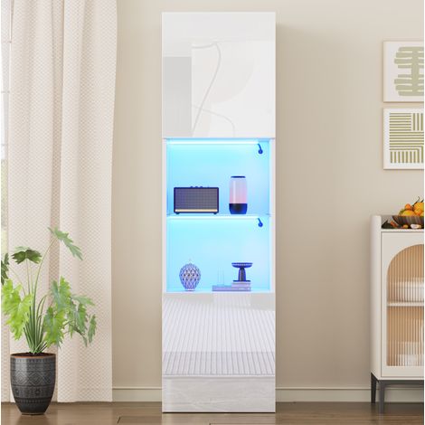 Vetrina alta 45x35x160 cm bianca in pannello truciolare lucido con LED e ripiano in vetro (1/5)