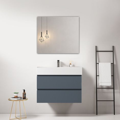 Mobile bagno sospeso cannettato 80 cm Blu Mare Lavabo in Resina Specchio Quadro - Fiji Paint (1/4)