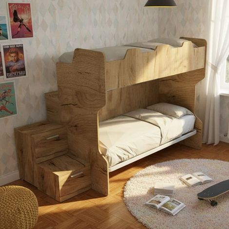 Letto a castello salvaspazio con scala a cassettoni e camminatoio - Quercia