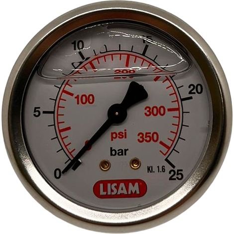 MANOMETRO ARIA 25bar Ø63mm FILETTO 1/4" MASCHIO GLICERINA INOX COMPRESSORE LISAM (1/3)
