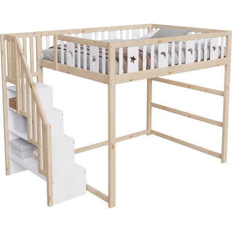 Lit mezzanine pour enfants 140200 avec escalier, lit en bois massif avec barrière de sécurité, décoration étoiles et lune. (1/5)