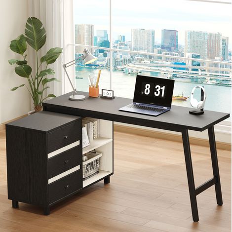 Bureau d’angle 150x100x76 cm noir et blanc en MDF et métal avec 3 tiroirs et 2 niches (1/5)