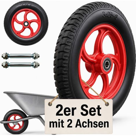 Relaxdays Sackkarrenrad 2er Set, 3.25-8, Vollgummi, Komplettrad Stahlfelge, mit Achse, Ersatzrad Schubkarre, schwarz/rot