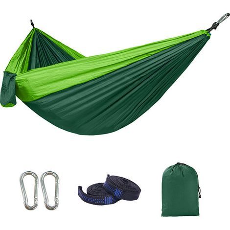 Hamac de camping d'extérieur - Hamac parachute portable super léger avec deux sangles d'arbre - En nylon - Arbre de voyage (vert foncé, 270 x 140 cm) (1/4)