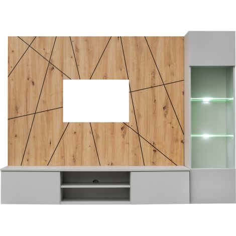 Ensemble meuble TV mural Xari G avec vitrine et éclairage LED - Bois MDF gris perle et chêne artisan - 200 x 148 x 35 cm - Livraison gratuite (1/5)