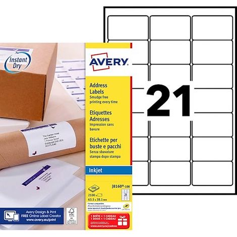 Etiquettes adresses jet d'encre 63,5 x 38,1 mm Avery J8160-100 - Pochette de 2100 (1/4)