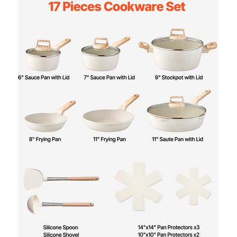 Batterie de cuisine, 17 pcs, ensemble de casseroles et poêles à induction avec revêtement anti-adhésif en granit, couvercles en verre trempé, avec friture, sauce, sauté, passe au gril, blanc (1/5)
