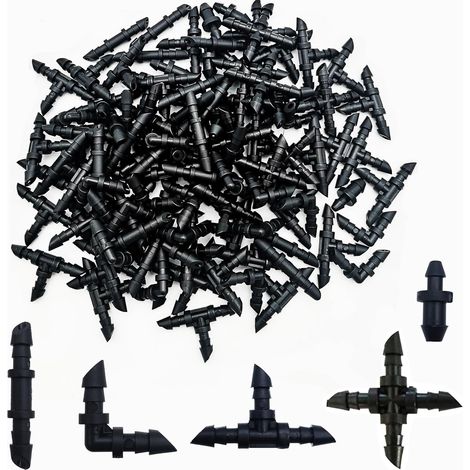 110 Pièces Kit Arrosage Goutte à Goutte, Raccord Tuyau Arrosage Goutte à Goutte, Connecteurs Barbelés pour tube 1/4" (té, barbes droites, coudes, raccord à 4 voies, bouchon d'extrémité) (1/4)