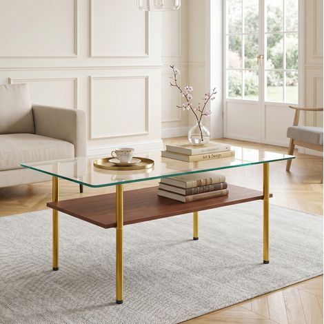 Mesa de centro 97,7 x 57,7 x 45 cm, vidrio templado, MDF y metal, marrón y dorado HAVRYA (1/5)