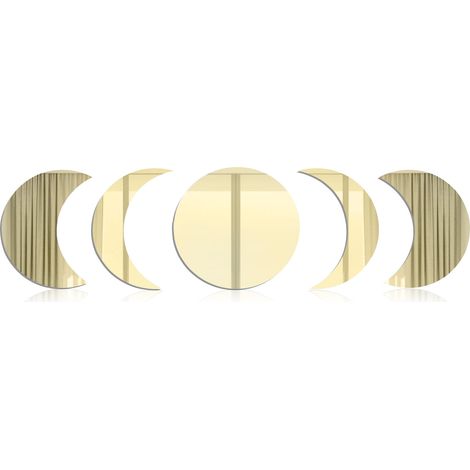Decoración de pared con espejo acrílico, fases lunares, oro/plata, diámetro 30 cm, 13,5 x 27 cm, 7,3 x 29 cm - 5 piezas autoadhesivas (1/5)
