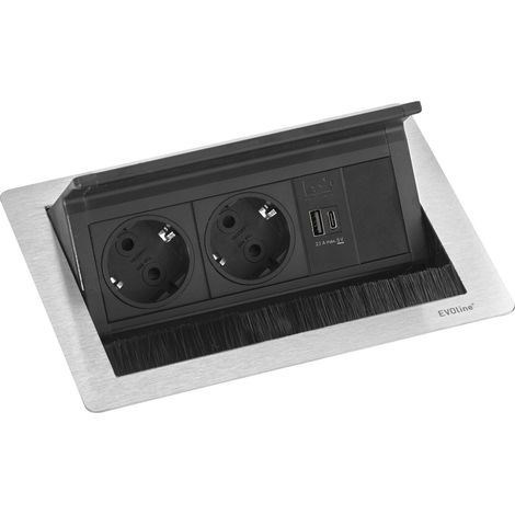 Evoline Flip Top Push S Einbausteckdose 2-fach mit USB A & USB C Charger, 230V - 3500W, Edelstahl