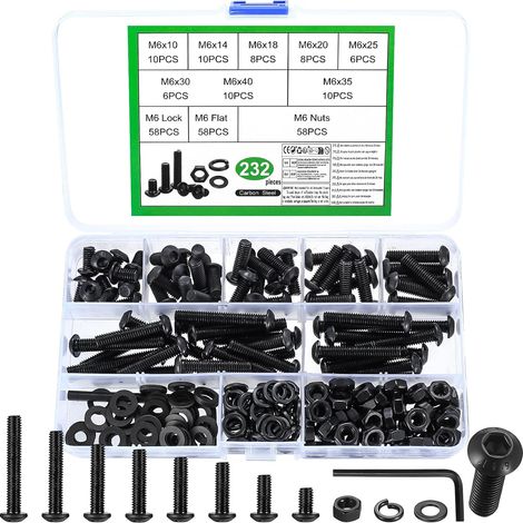 Set di Vis M6, 232 Pcs M6 Boulons et Écrous, Boulons Vis à Tête Cylindrique à Six Pans Creux avec Écrous et Rondelles, Kit Assortiment Boulons Vis à Tête Hexagonale avec Écrou, Noirs(M6) (1/5)