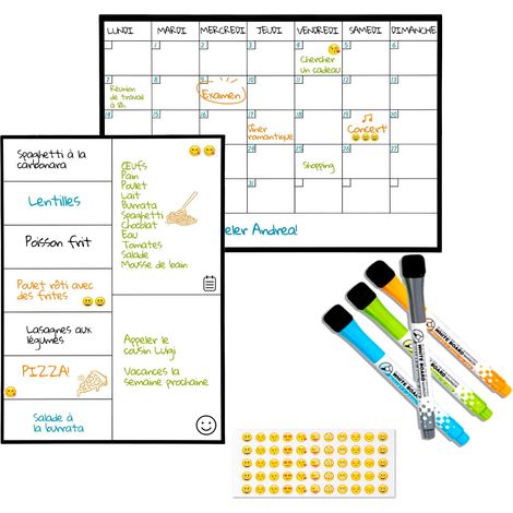 SB PACK Calendrier Magnétique Mensuel Pour Frigo A4 + Tableau Magnetique Hebdomadaire A4 + 4 Marqueurs Premium + 55 Stikers Aléatoires (1/5)