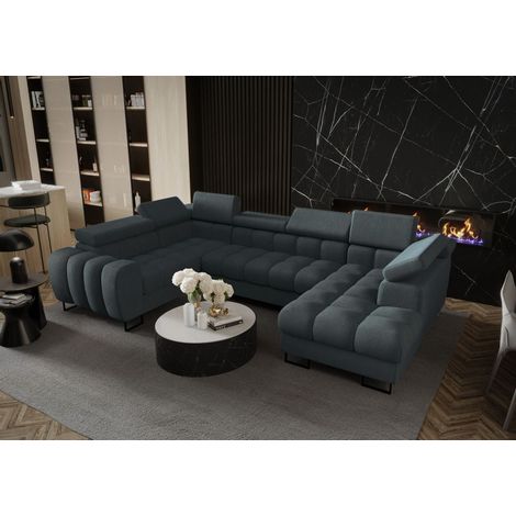 Wohnlandschaft Schlafsofa BASTIEN in Stoff Moly Graphit Ottomane Rechts