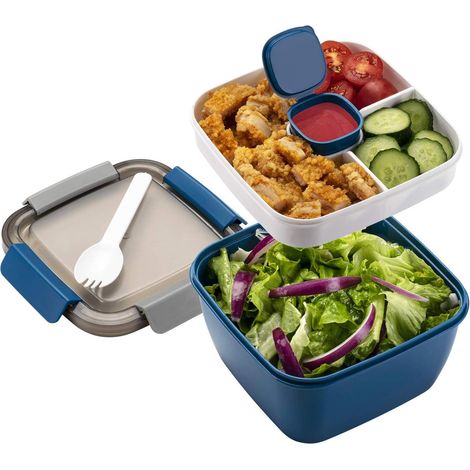 3-Fächer-Salat-Lunchbox 1100 ml, luftdichter Behälter für Mittagessen, gesunde Snacks für Männer und Frauen (Blau)
