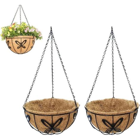 2 Pièces Panier de Fleurs à Suspendre en Métal, Panier de Fleurs à Suspendre en Fibre de Coco, Panier de Fleurs à Suspendre, pour Plantes D'intérieur et D'extérieur (1/5)