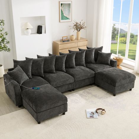 Modulares U-/L-förmiges Ecksofa, 6-Sitzer Kombi-Design mit 2 beweglichen Fußhockern USB/Type‑C Ladeanschluss 8 flexibel verstellbare Kissen + 2 Zierkissen Waffel‑Chenille, Grey (1/5)