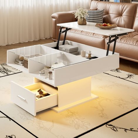 DESMIU Table basse relevable LED avec 1 tiroir et 1 niche de rangement, pour salon, en bois d'ingénierie, blanc (1/5)