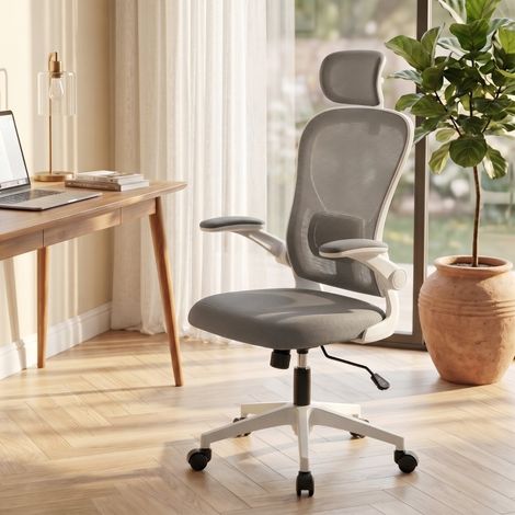 Silla de oficina ergonómica giratoria con reposabrazos abatibles, soporte lumbar regulable, respaldo de malla gris (1/5)