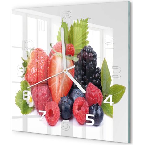 Horloge Murale Carrée Originale Verre Trempé Décoration Maison Moderne Fruits des bois 30x30 cm (1/5)