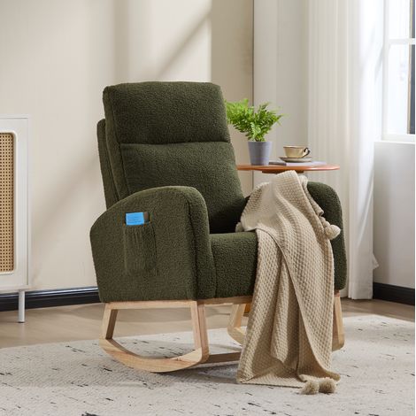 Sedia a dondolo 75x63x104 cm in tessuto peluche verde con tasca laterale – MEUBLIV (1/5)