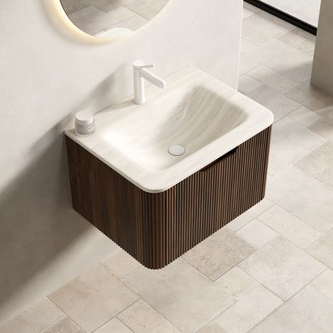 Mobile lavabo sospeso 60x46x36 cm in pietra sinterizzata beige, cassetto LED - MEUBLIV (1/5)