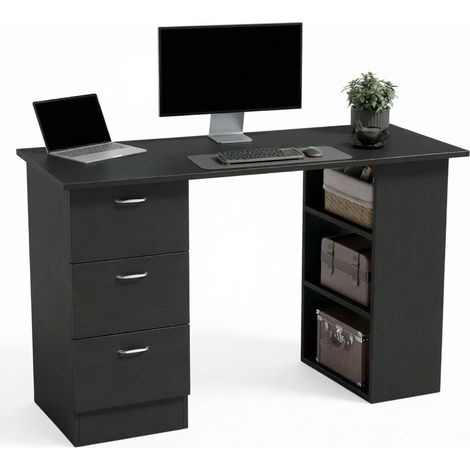 Escritorio de ordenador negro de MDF 120 x 49 x 72 cm con 3 estantes y 3 cajones (1/4)