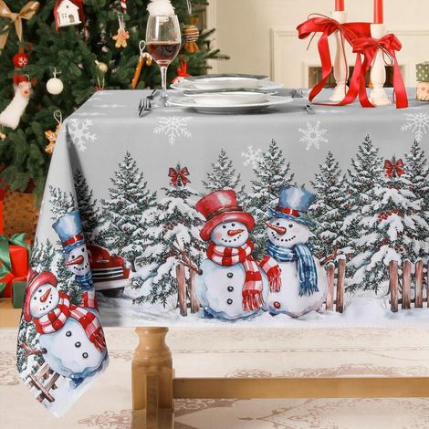 Weihnachts-Tischdecke abwaschbar 140x180 cm grau mit Schneemann-Motiv