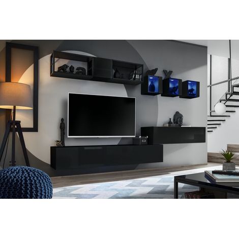 Ensemble meuble TV mural Switch Met III - L 280 x P 40 x H 170 cm - Noir - Livraison gratuite
