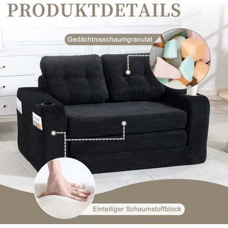 Canapé biplace velours côtelé avec porte-gobelets et poches latérales. Pouf double convertible matelassé sans cadre pour intérieur. (1/5)