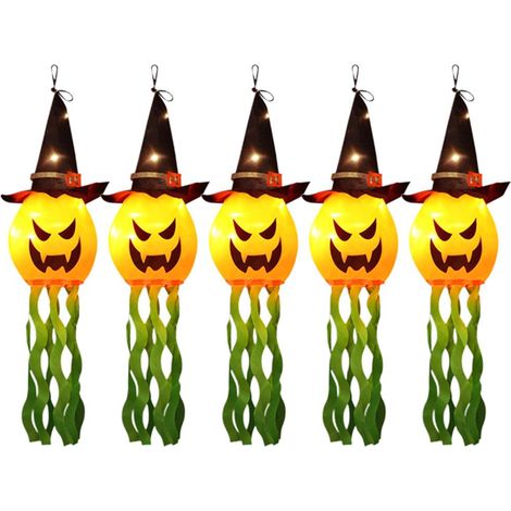 Lot de 3 lampes LED Halloween : citrouille lumineuse, fantôme suspendu, chapeau de sorcier brillant. Décoration pour fête costumée, maison ou bar.