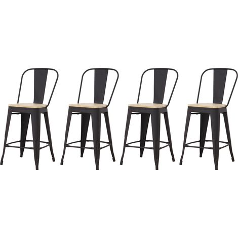 Hobag – Lot de 4 tabourets de bar industriel avec dossier – Assise en bois naturel – Hauteur 64,5 cm – Métal noir – Pour intérieur style loft (1/3)