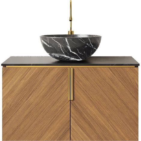 Mueble de baño 76 cm con lavabo cerámico negro, encimera de piedra sinterizada y roble marrón (1/5)