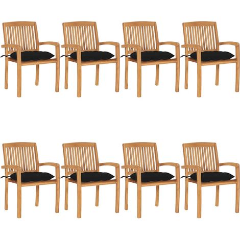 Chaises de jardin empilables avec coussins lot de 8 Teck solide (1/5)
