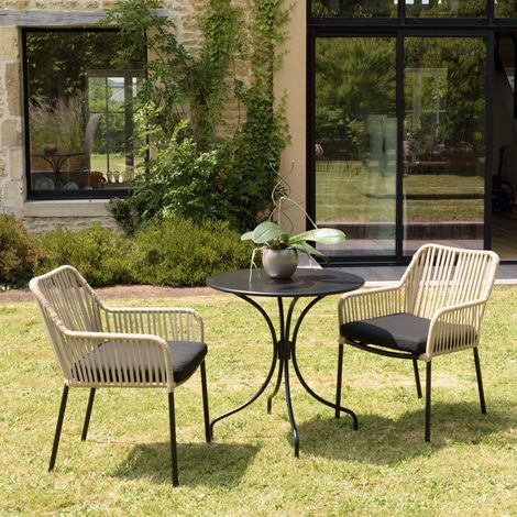 MALO - Ensemble de jardin - Table diam 70 + 2 fauteuils beiges/noirs (1/5)