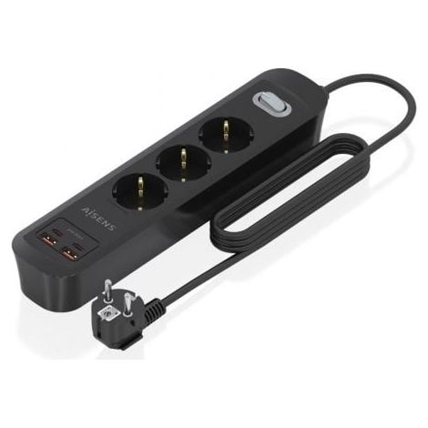 Regleta con Interruptor Aisens ASPS-2A2C11-BK/ 3 Tomas de Corriente/ 2 USB - 2 USB Tipo-C/ Cable 1.4m/ Negro