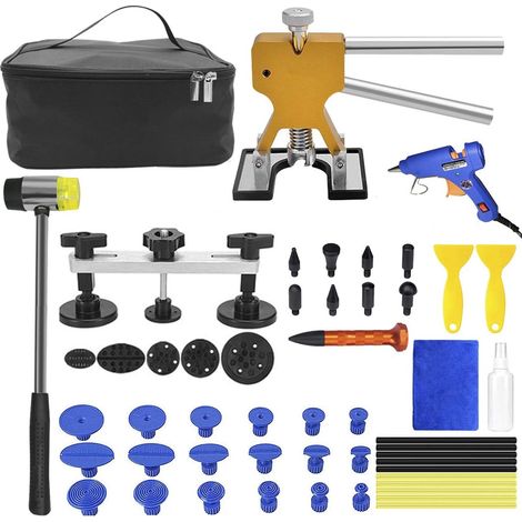 Outil Débosselage sans Peinture,41PCS Kit Débosselage Carrosserie avec Pistolet à Colle Marteau, Stylo de réparation pour Voiture,Réfrigérateur,Moto Corps,Porte (Golden+Bridge) (1/5)