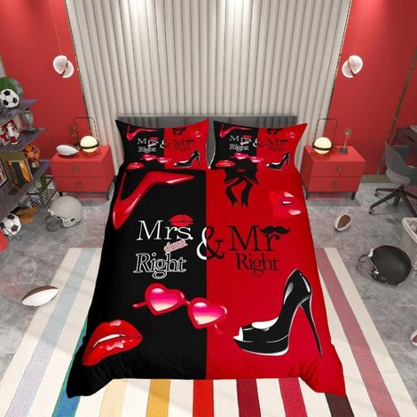 Parure de lit 3 pièces avec housse de couette romantique et citations humoristiques Motif Mr Mrs et lèvres rouges Pour couple Noir et rouge Pour lit king-size (1/4)