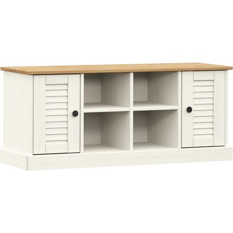 Banc de rangement à chaussures avec 4 compartiments et 2 petites armoires avec porte 106 x 35 x 45 cm en bois de pin blanc DEC024962