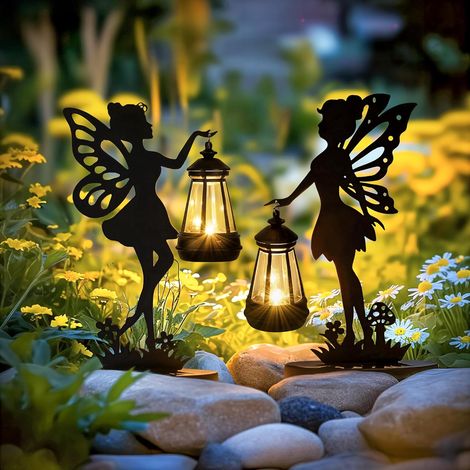 Lot de 2 Statues de Fée en Fer avec Lampes Solaires - Décorations de Jardin étanches pour Terrasse, Cour, Unique pour Maman (1/5)