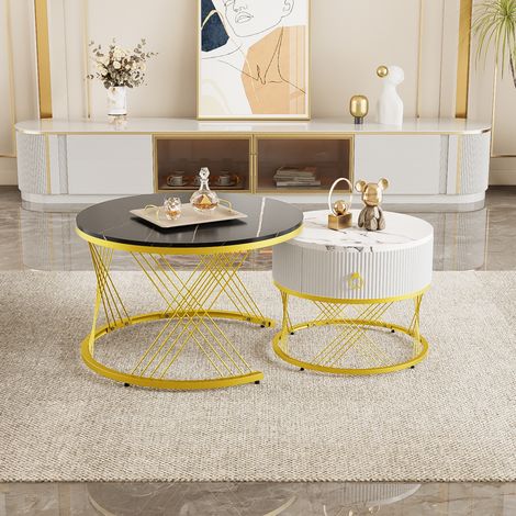 Tavolini da salotto a nido 2 pezzi con cassetto effetto marmo, bianco/oro DESVIAE (1/5)