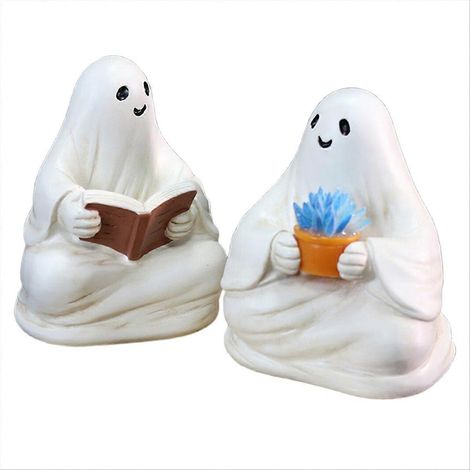 Lot de 2 statues de fantômes lisant en résine - Décoration de jardin extérieur - Décoration intérieure - Cadeau pour Halloween (1/5)